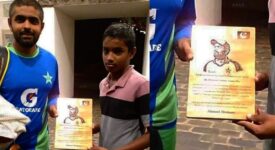 Young Sri Lankan fan gifts shield to his idol Babar Azam