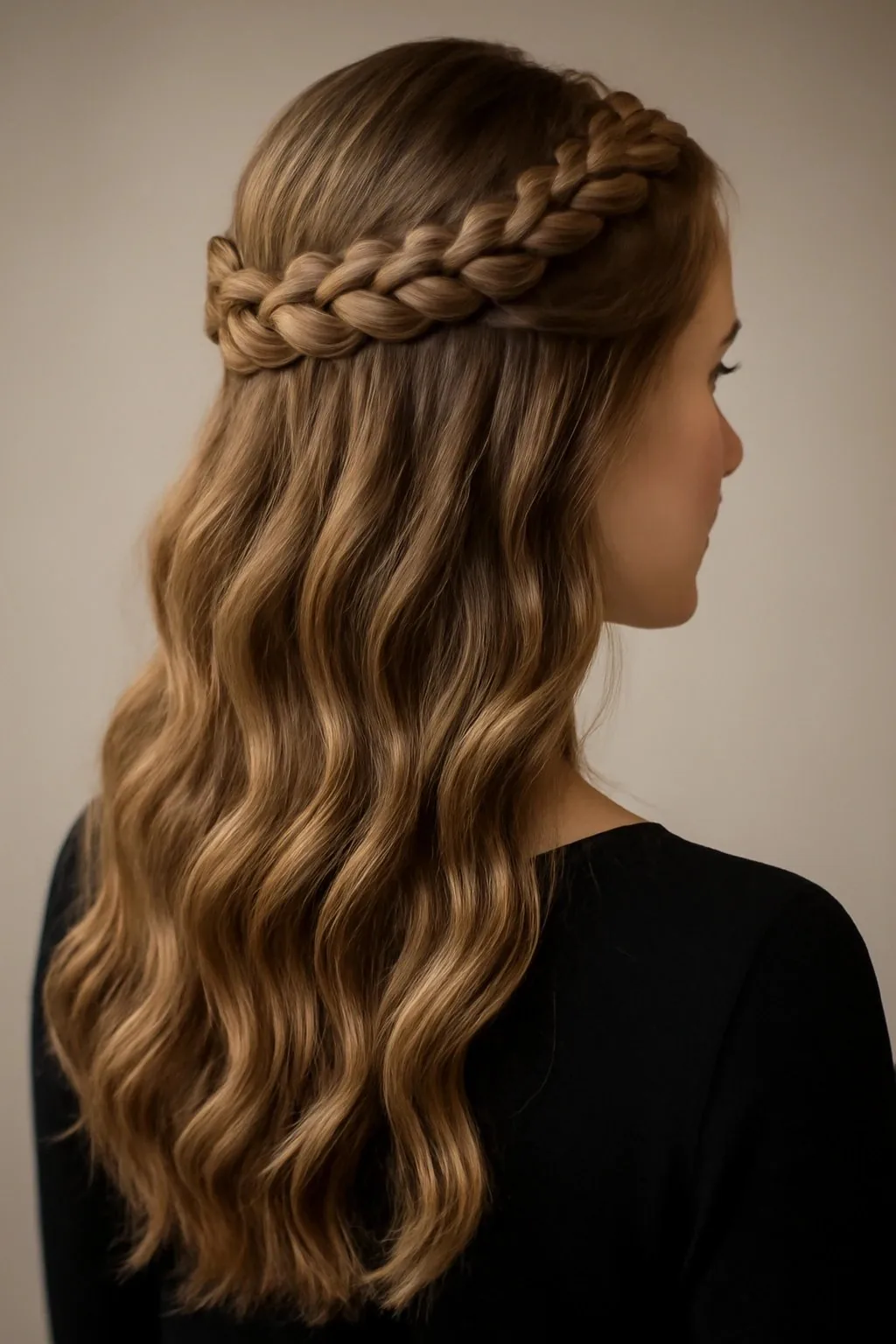 Braided Crown Waves – Thick Wavy Hair Braided crown hairstyle with flowing thick waves
