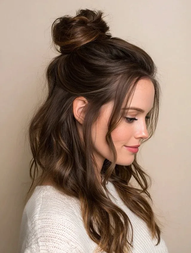 Half-Up Wavy Bun – Thick Wavy Hair Half-up wavy bun hairstyle showing off thick wavy texture