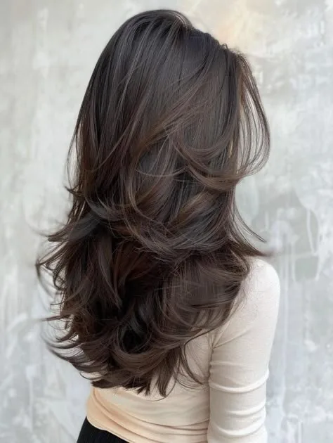 Layered V-Cut Waves – Thick Wavy Hair Layered V-cut waves on long thick hair, back view
