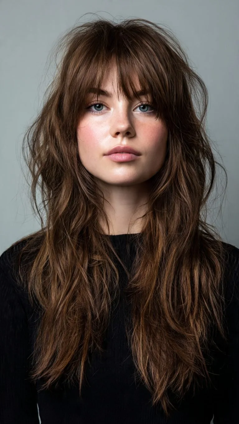 Long Wavy Shag – Thick Wavy Hair Long wavy shag with choppy layers on thick hair