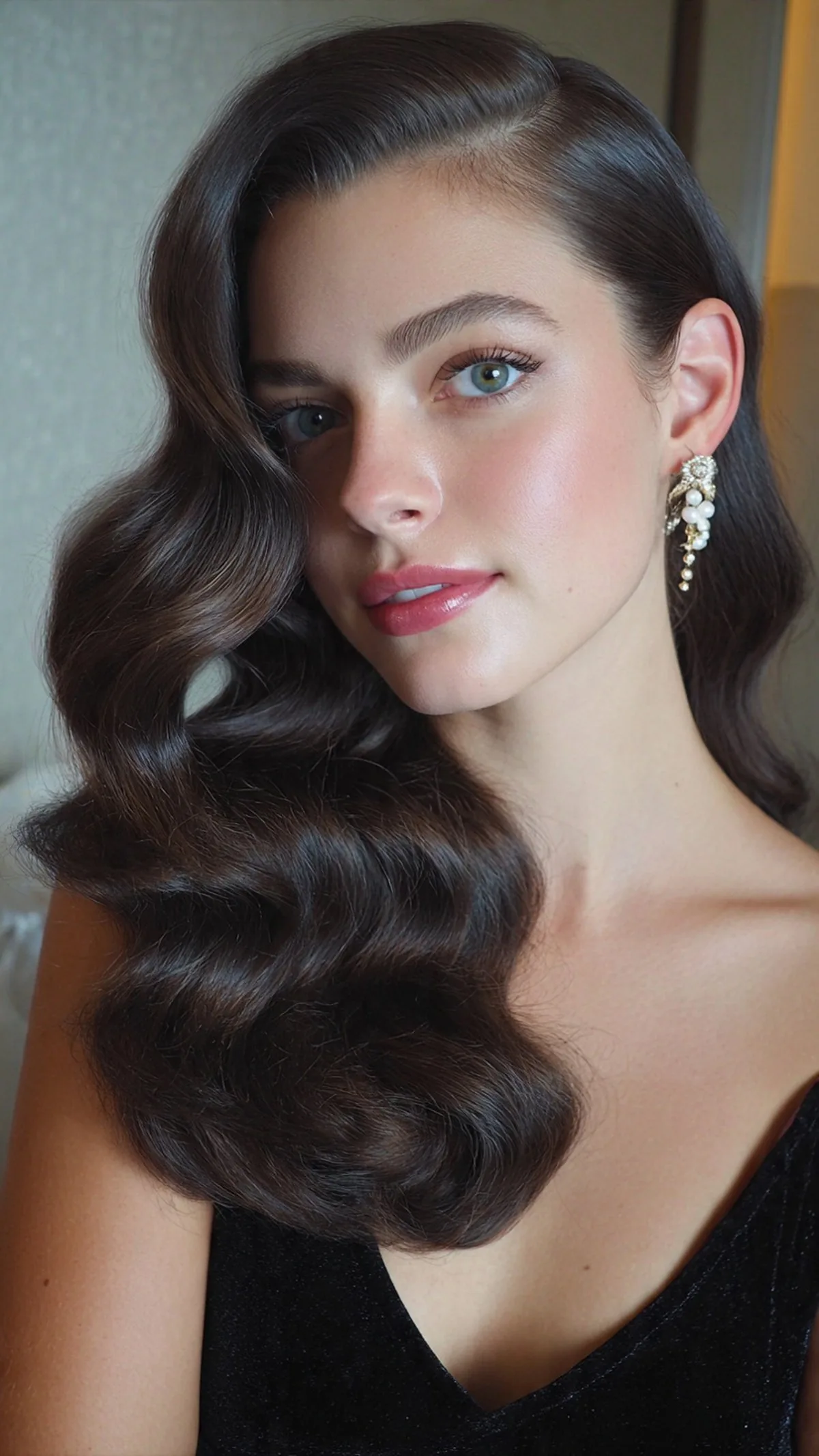Side-Parted Glam Waves – Thick Wavy Hair Side-parted glam waves on thick hair with Hollywood-inspired shine