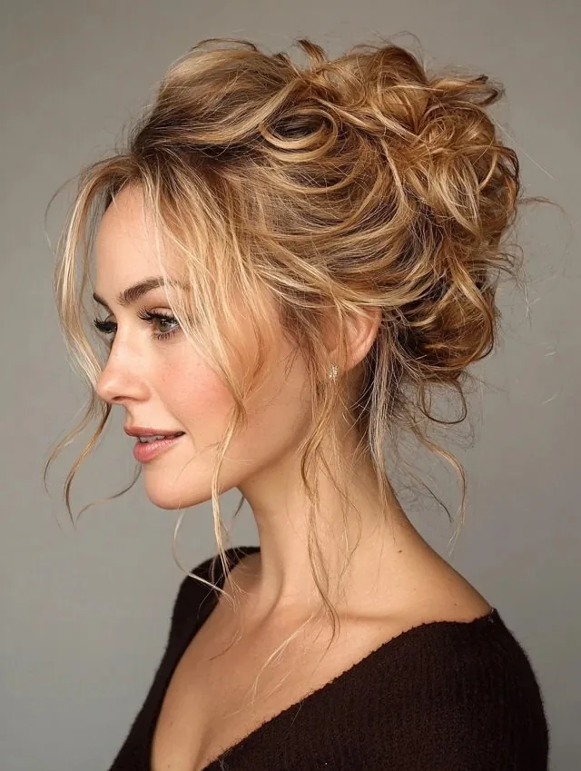 Tousled Low Bun – Thick Wavy Hair Tousled low bun with loose waves and face-framing strands