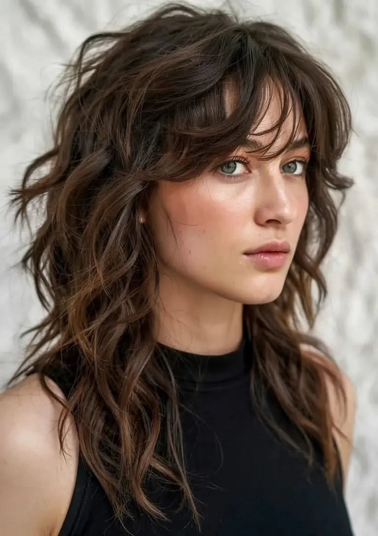 Wavy Shag Cut – Thick Wavy Hair Wavy shag cut with curtain bangs on thick hair for a modern, lived-in look